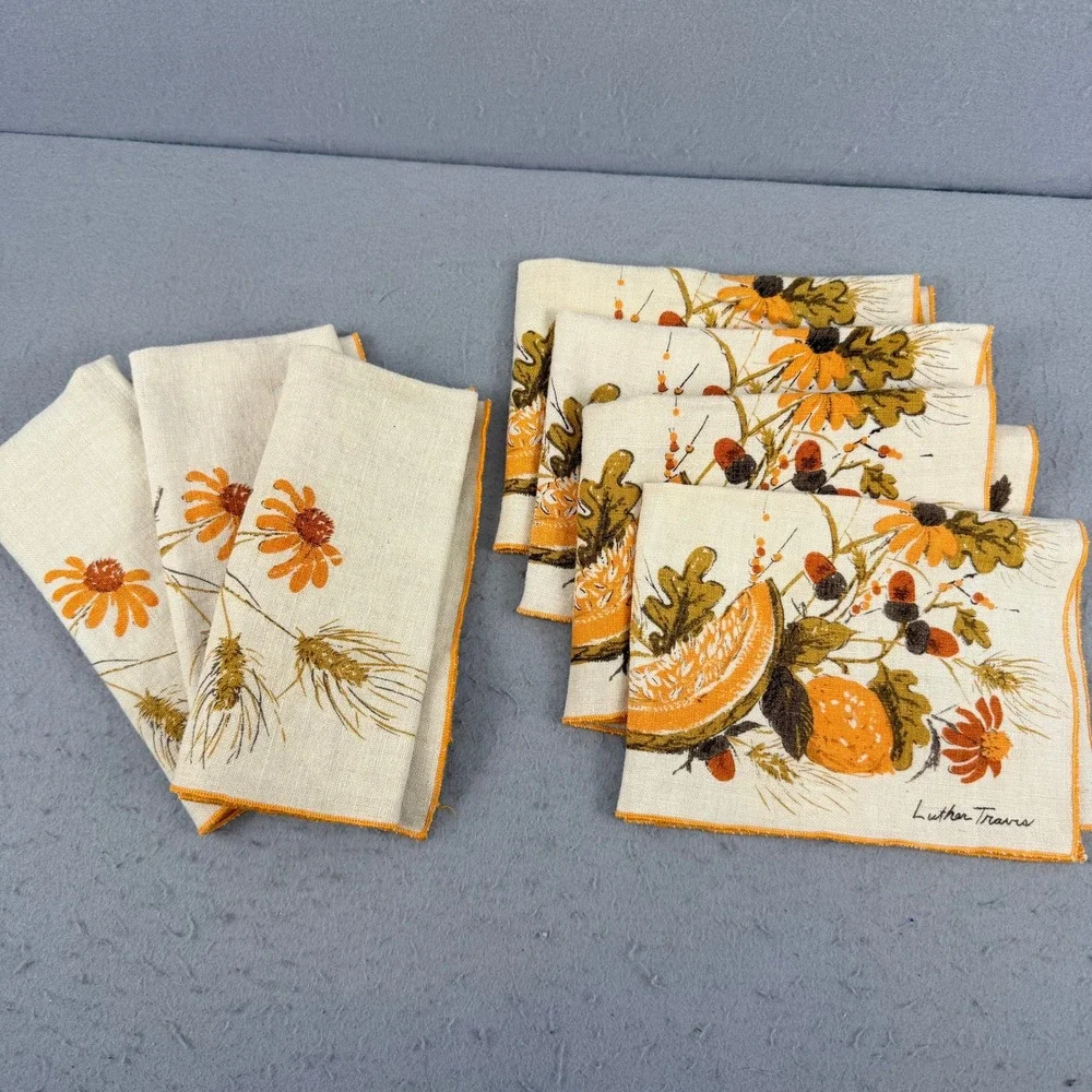 7pc Vtg Signed Luther Travis Fall Harvest Linen Set 4 Placemats‎ 3 Napkins Wheat